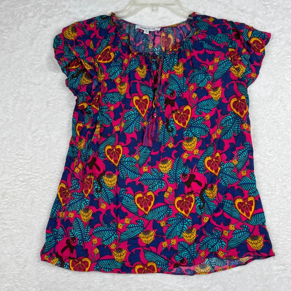Rose + Olive Blouse Womens‎ Medium Pink Boho Tropical Fruit Floral Tassel Top